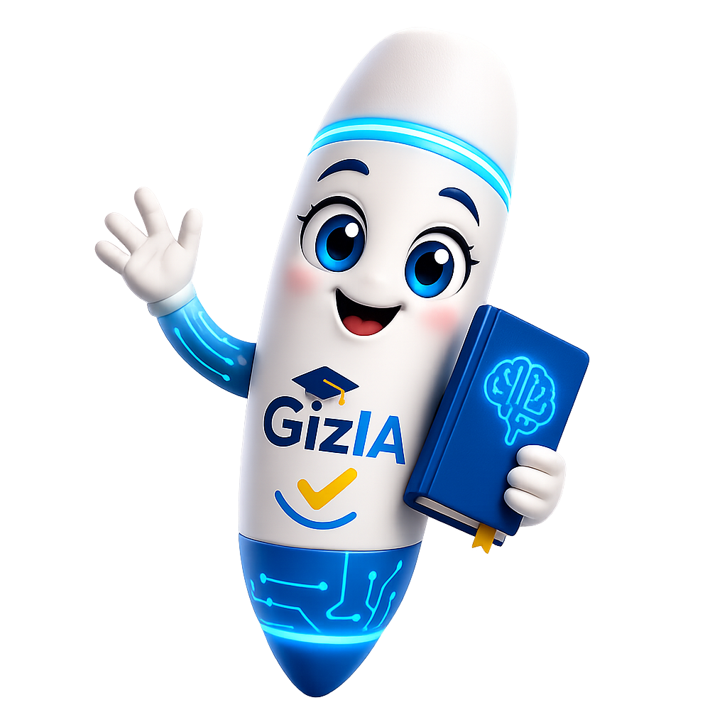 Mascote da GizIA, um giz sorridente segurando um livro